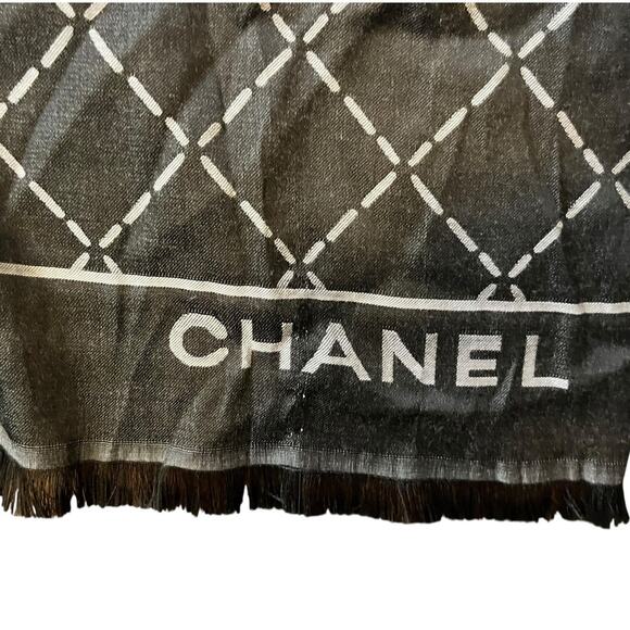 Chanel Cashmere Silk Scarf CC Logo Camila Flowers Black White 70x25 inches - Picture 5 of 16